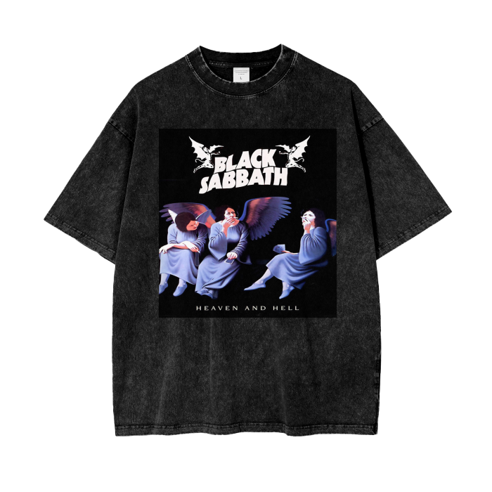 Black Sabbath Heaven Hell Album Cover Acid Wash Oversized T-Shirt. Rock Music Tee.
