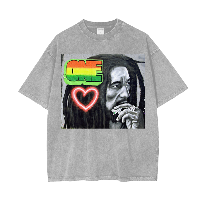 Bob Marley One Love Mural Acid Wash Oversized T-Shirt. Reggae Music Tee in Grey.
