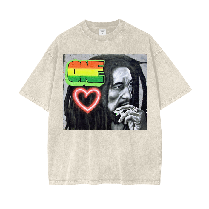 Bob Marley One Love Mural Acid Wash Oversize T-Shirt. Reggae Music Tee.