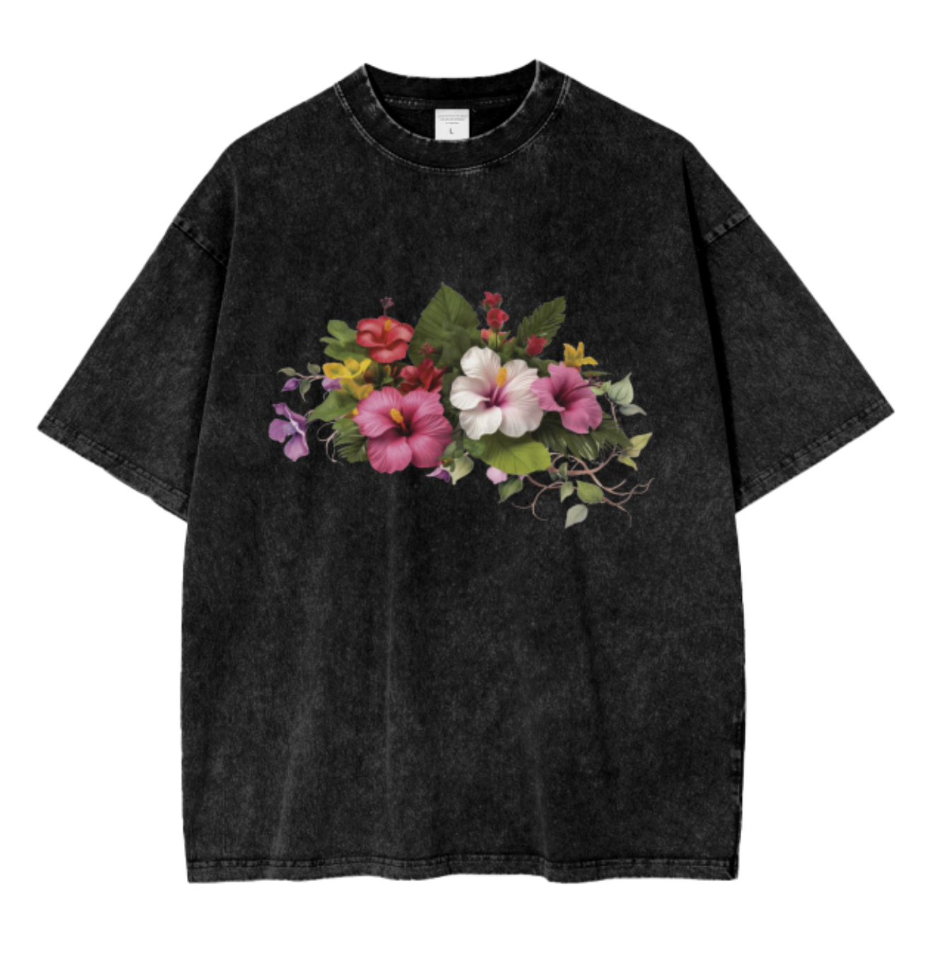 Endless Summer Flowers Tee. Floral Hibiscus Acid Wash Oversized T-Shirt.