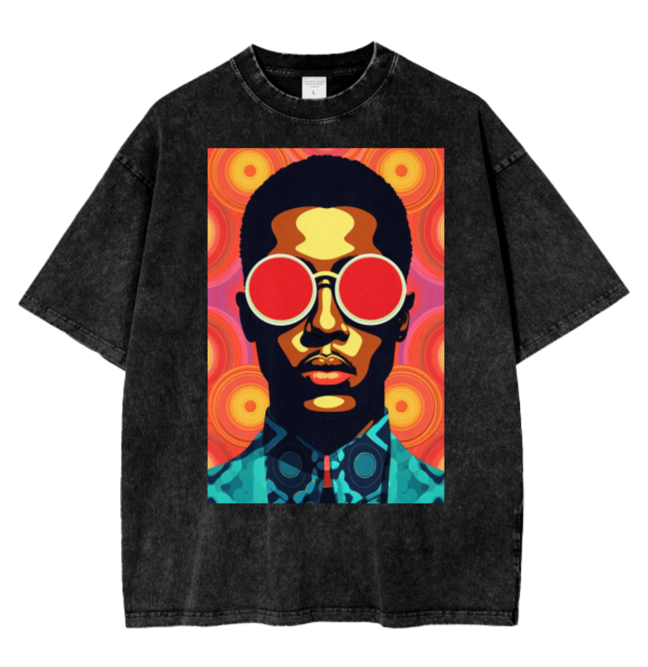 Funky Stevie Wonder Art Acid Wash Oversized T-Shirt. African American Artwork Tee in Black.