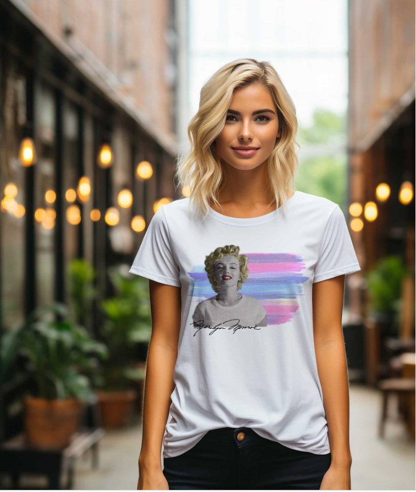 Marilyn Monroe Wearing White T-Shirt. Marilyn Monroe Tshirt. Marilyn Monroe Clothing. Blonde Woman Art. Colorful Tshirt.