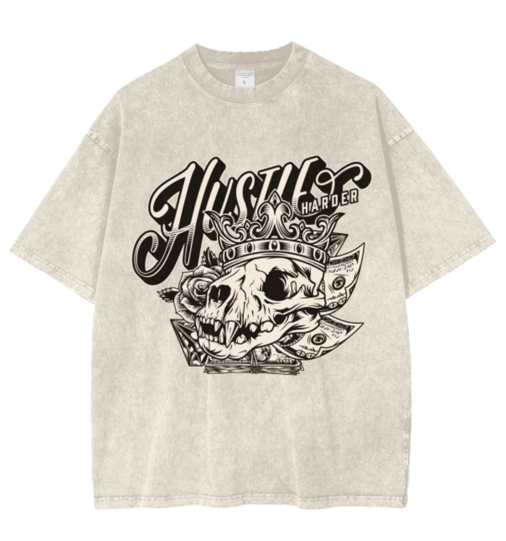 Hustle Harder Acid Wash Oversized T-Shirt. Word Hard. Play Hard. Hustle Harder.