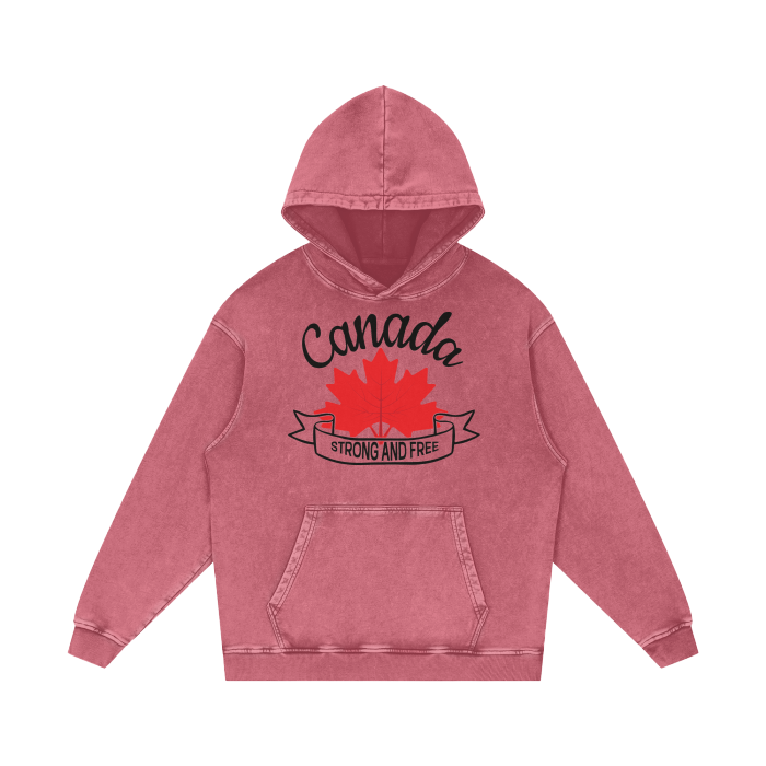 Canada Strong and Free Acid Wash Oversize Hoodie. Maple Leaf Proud Canadian.