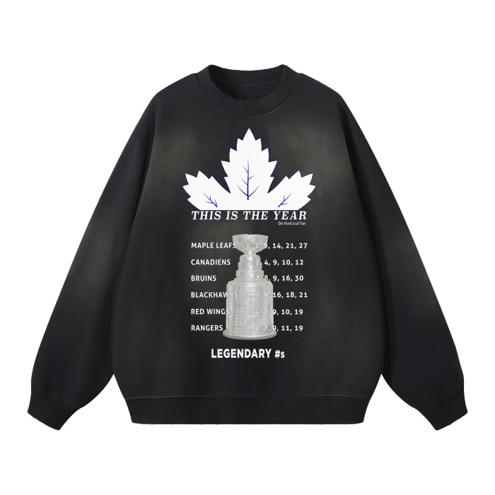 Maple Leafs Legendary Numbers Streetwear Unisex Monkey Washed Dyed Fleece Sweatshirt.