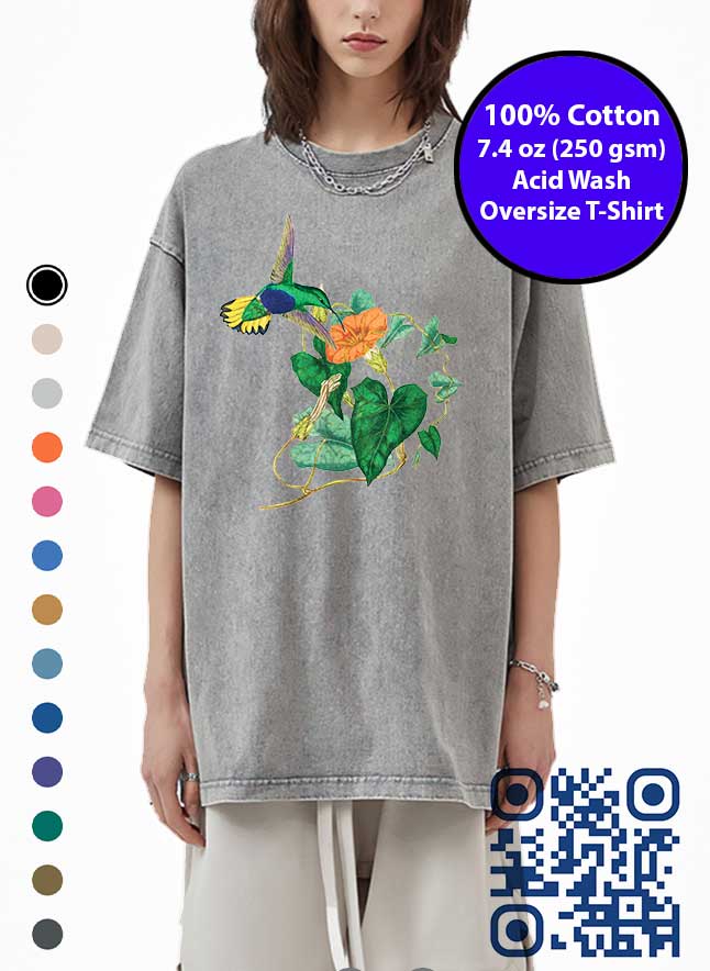 Hummingbird and Flowers Art Acid Wash T-Shirt. Made in Toronto Tee. Floral Garden Tshirt.