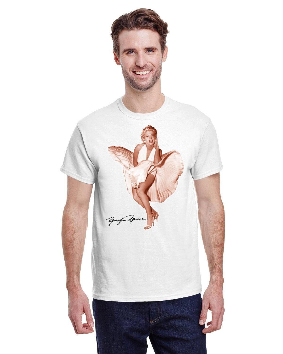 Iconic Golden Marilyn Monroe with Red Lips in Famous Dress from Seven Year Itch. White Gildan 10oz Heavy Cotton.