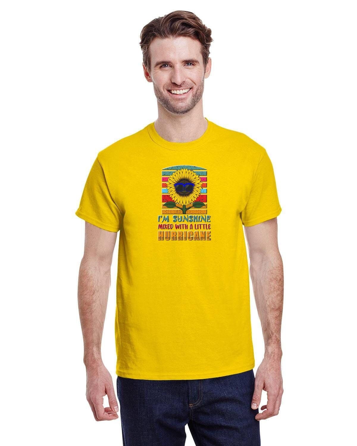 I'm Sunshine Mixed with a Little Hurricane Tee. Positive Retro Sunflower Saying. Summer Tee on 10oz Heavy Cotton.