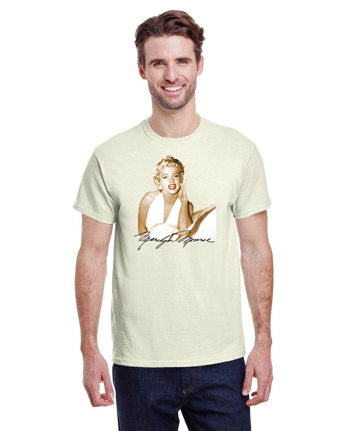 Iconic Golden Sepia Marilyn Monroe with Red Lips in Famous Dress from Seven Year Itch. White Gildan 10oz Heavy Cotton.