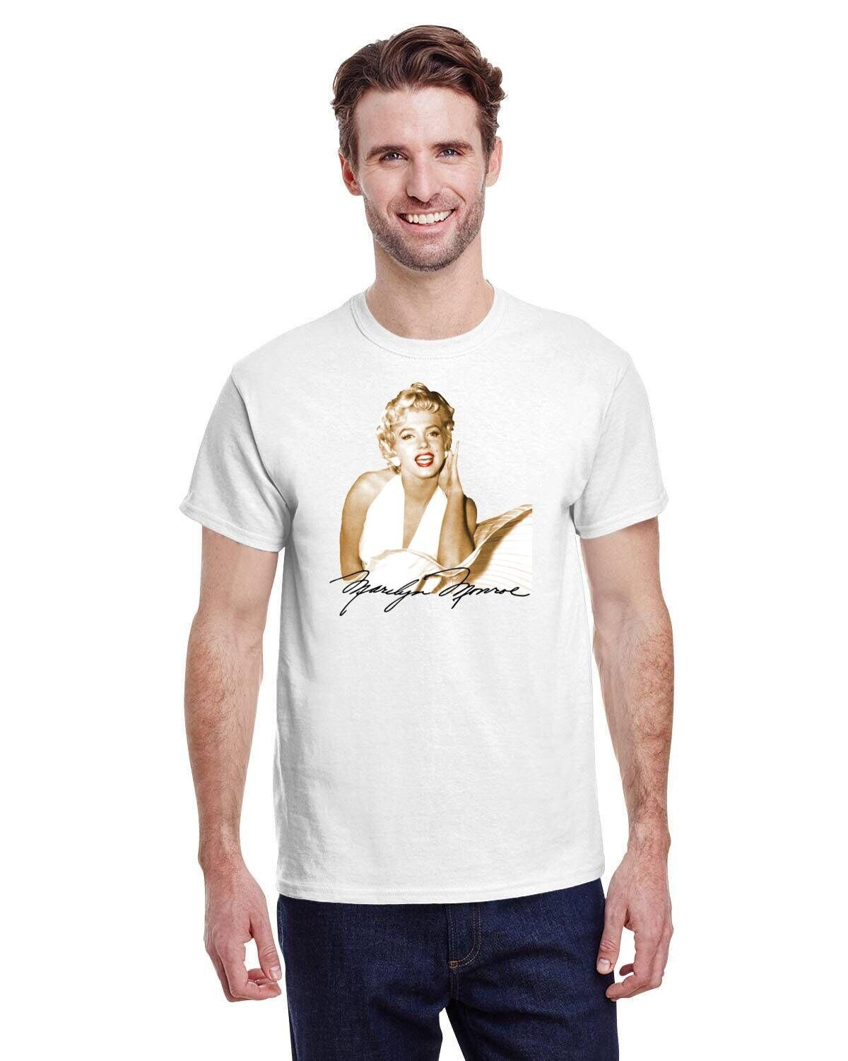 Iconic Golden Sepia Marilyn Monroe with Red Lips in Famous Dress from Seven Year Itch. White Gildan 10oz Heavy Cotton.
