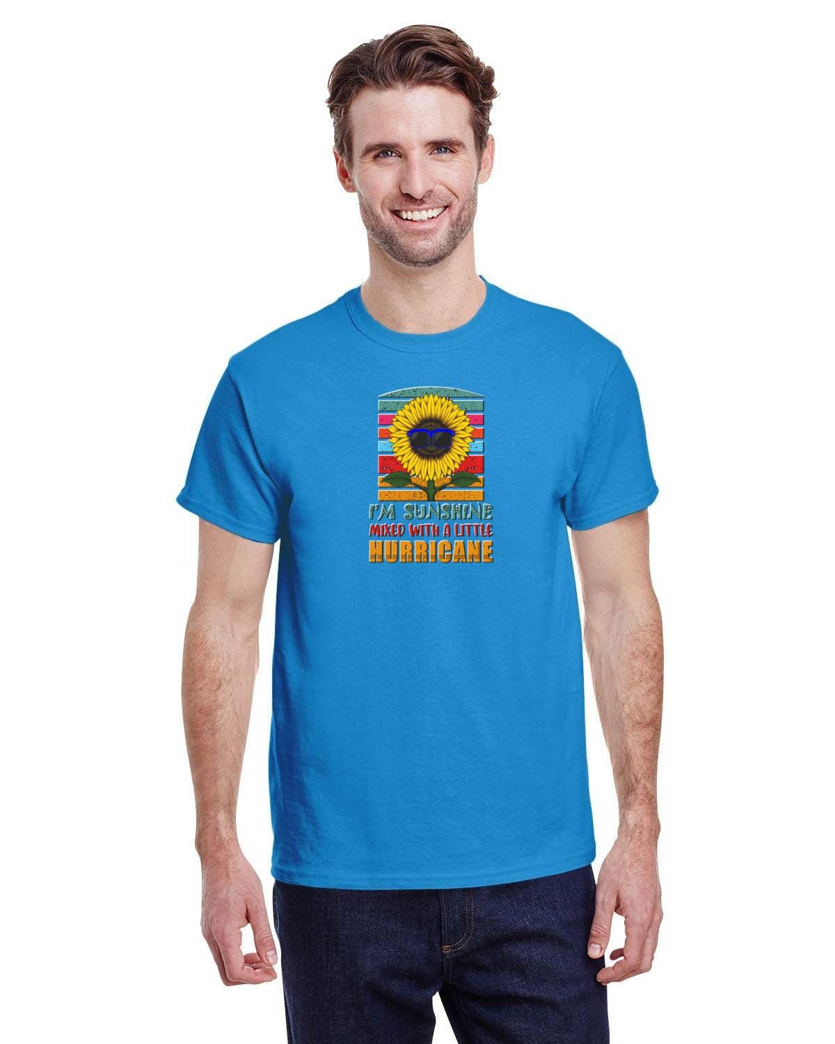 I'm Sunshine Mixed with a Little Hurricane Tee. Positive Retro Sunflower Saying. Summer Tee on 10oz Heavy Cotton.