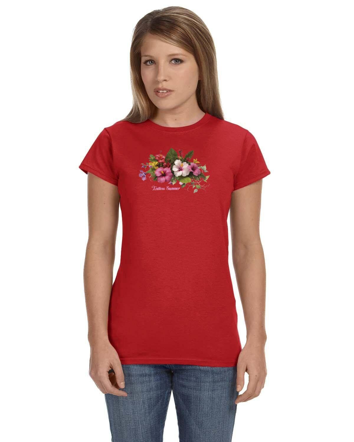 Endless Summer Ladies Tee Shirt in Soft 100% Cotton. Floral Tee. Flowers Tshirt. Hibiscus, Morning Glory Burst.