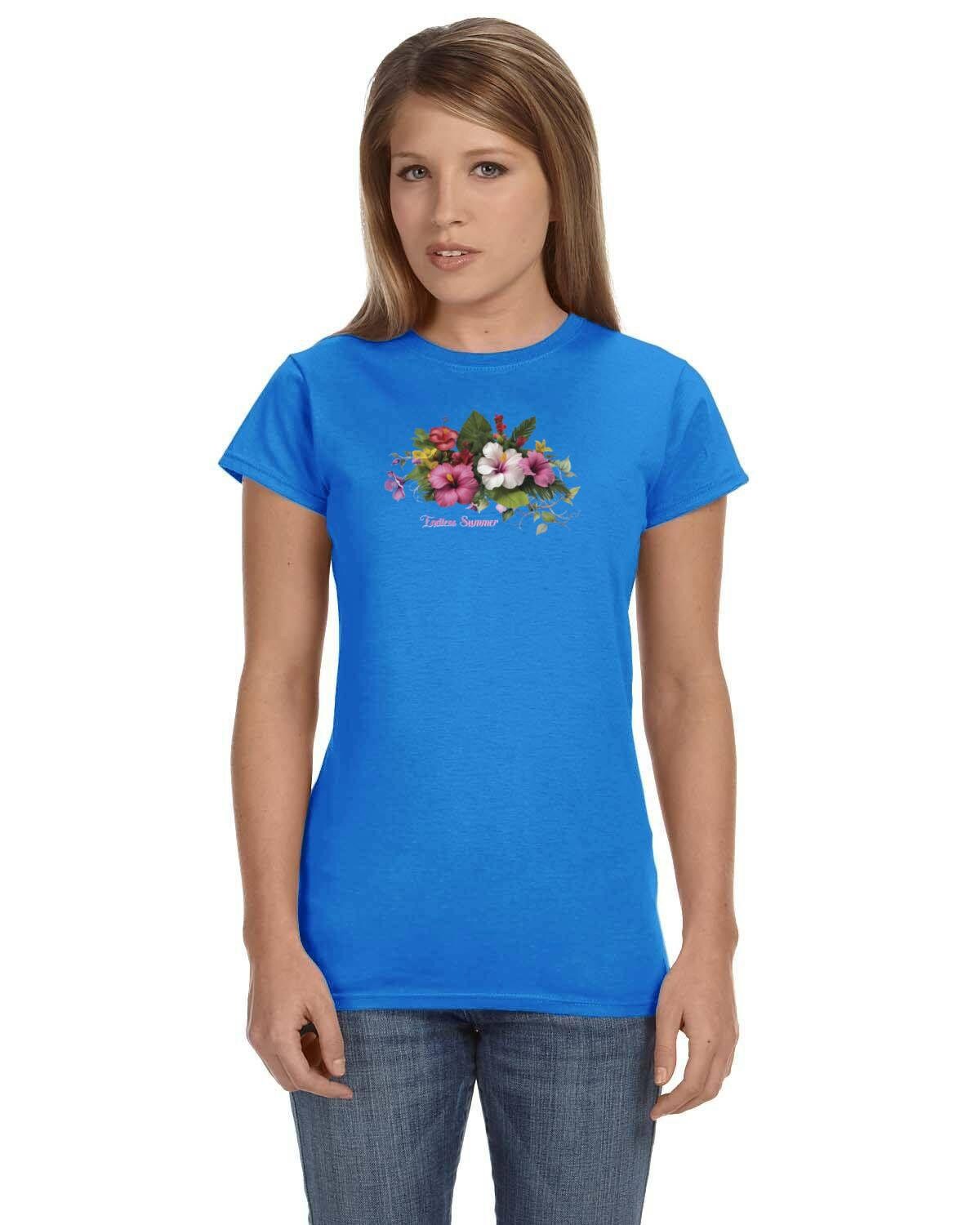 Endless Summer Ladies Tee Shirt in Soft 100% Cotton. Floral Tee. Flowers Tshirt. Hibiscus, Morning Glory Burst.