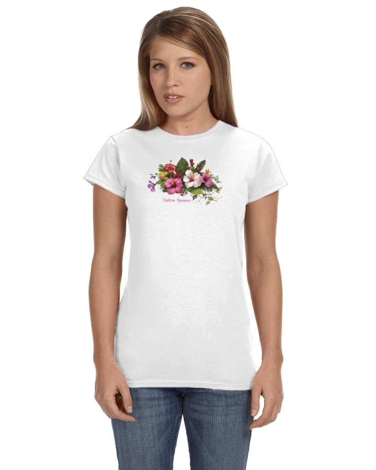 Endless Summer Ladies Tee Shirt in Soft 100% Cotton. Floral Tee. Flowers Tshirt. Hibiscus, Morning Glory Burst.