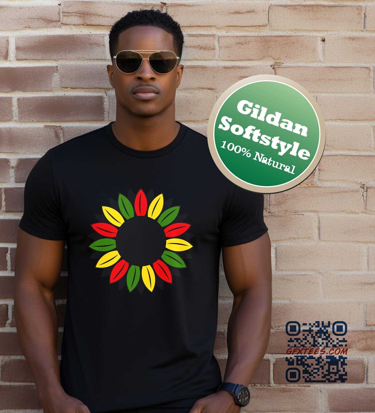 Colorful Sunflower T-Shirt. Juneteenth Tee. Reggae Music Flower Tshirt. Proud Canadian Clothing. Free Shipping in Canada and the USA.