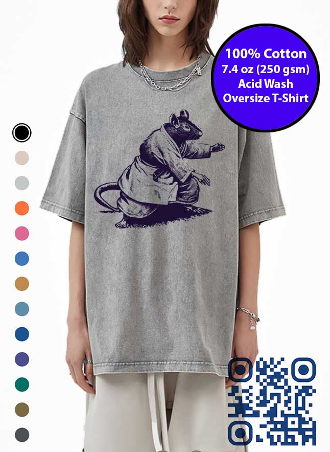 Banksy Style Judo Rat Art Acid Wash T-Shirt. Made in Toronto Tee. Cool Rodent Tshirt.