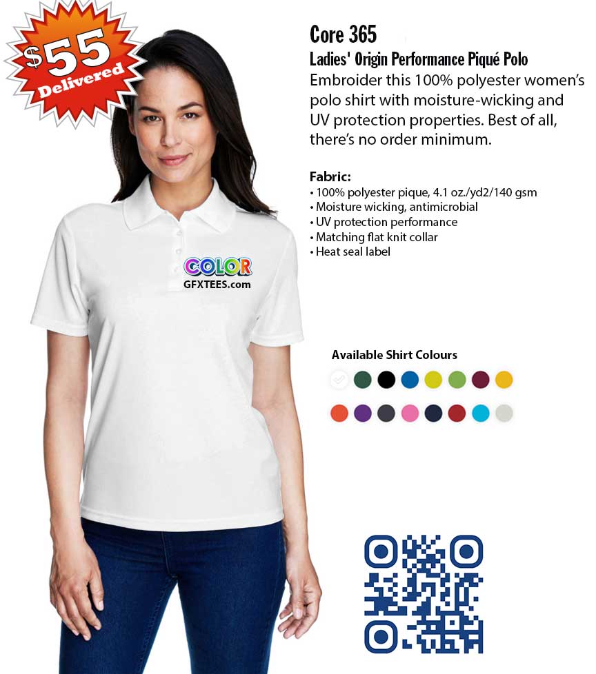 Women's Custom Printed Pique Polo Shirt. $55 Delivered. Taxes Included.