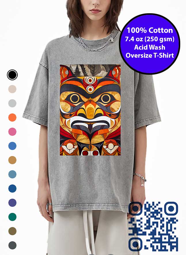 Traditional Native Nature Totem Art Acid Wash T-Shirt. Made in Toronto Tee. Cool Animal Tshirt.