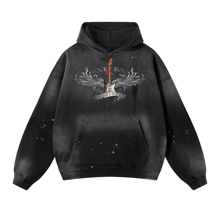 Rock and Roll Forever Electric Guitar Vintage Wash Frayed Fleece Hoodie.