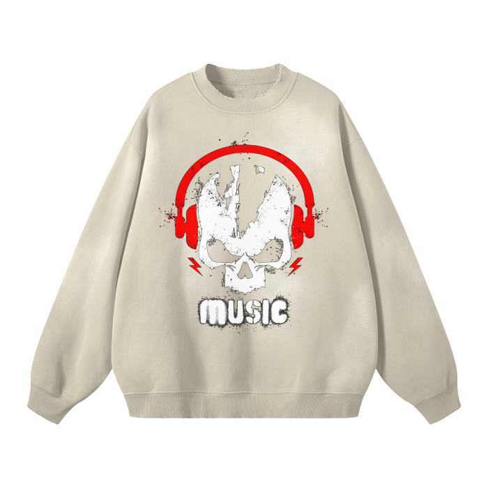 Skull Headphones Music Sweatshirt Streetwear Unisex Monkey Washed Dyed Fleece Pullover.