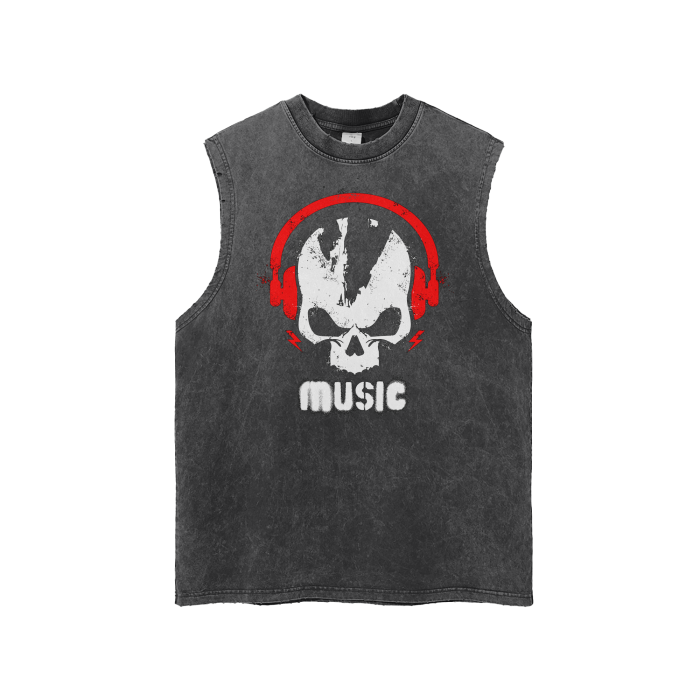 Skull with Music Headphones Streetwear Unisex Snow Washed Frayed Hem Tank Top.