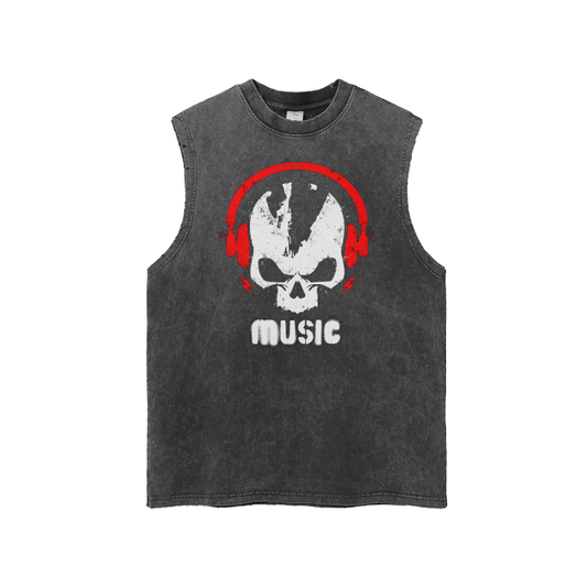 Skull with Music Headphones Streetwear Unisex Snow Washed Frayed Hem Tank Top.