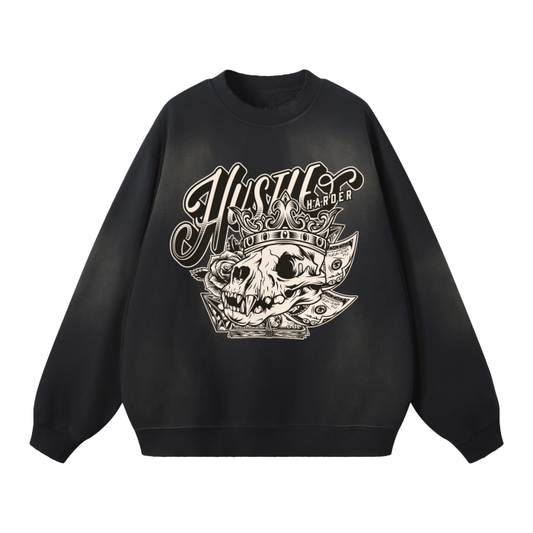 Hustle Harder Mineral Washed Sweatshirt. Streetwear Unisex Monkey Washed Dyed Fleece Pullover.