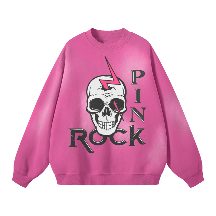 Pink Rock Skull Sweatshirt. Skull Streetwear Unisex Monkey Washed Dyed Fleece Pullover.