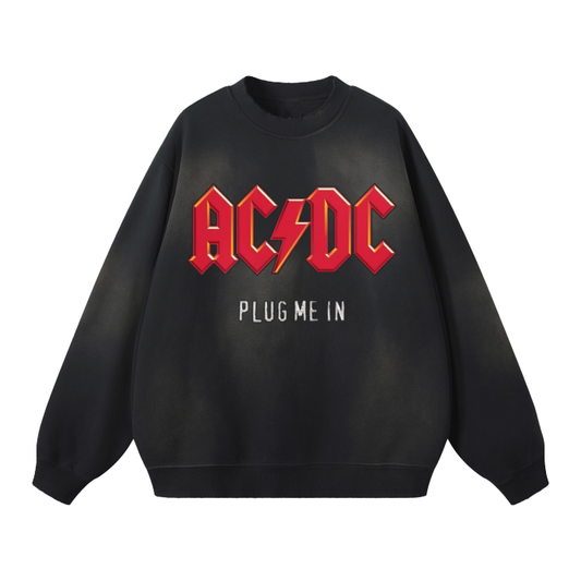 AC/DC Plug Me In Streetwear Unisex Monkey Washed Dyed Fleece Pullover Sweatshirt.