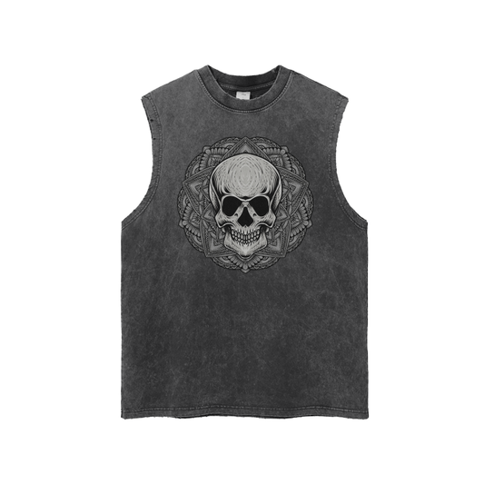 Heavy Metal Skull Streetwear Unisex Snow Washed Frayed Hem Tank Top.