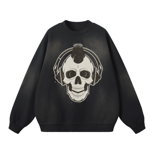 Mohawk Skull Headphones Sweatshirt. Streetwear Unisex Monkey Washed Dyed Fleece Pullover.