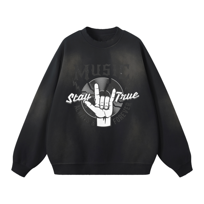 Rock and Roll Forever Streetwear Unisex Monkey Washed Dyed Fleece Pullover