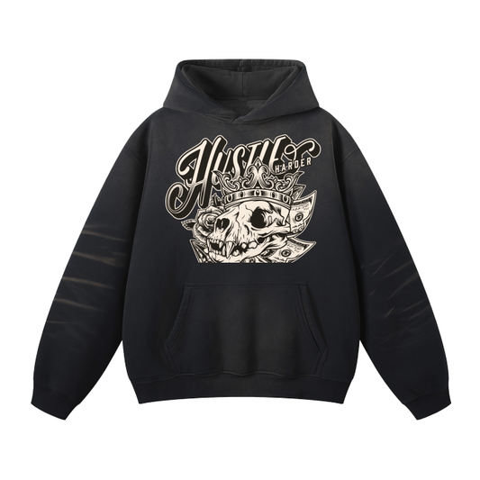 Hustle Harder Black Streetwear Unisex Monkey Washed Dyed Fleece Hoodie