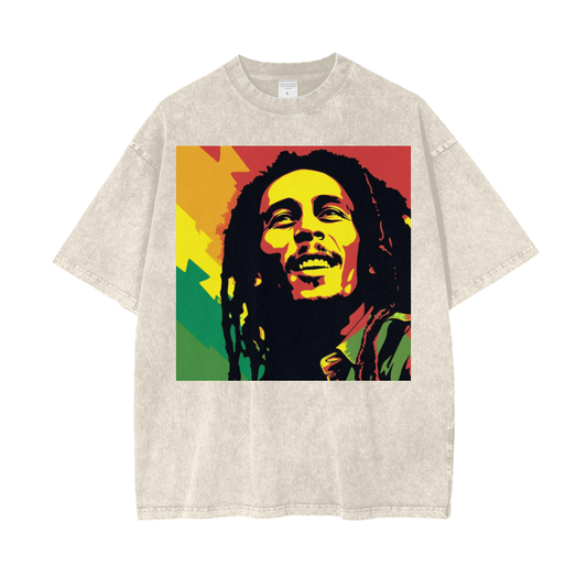 Bob Marley Art Acid Wash Oversized T-Shirt. Reggae Music Tee. Jamaica Colors.