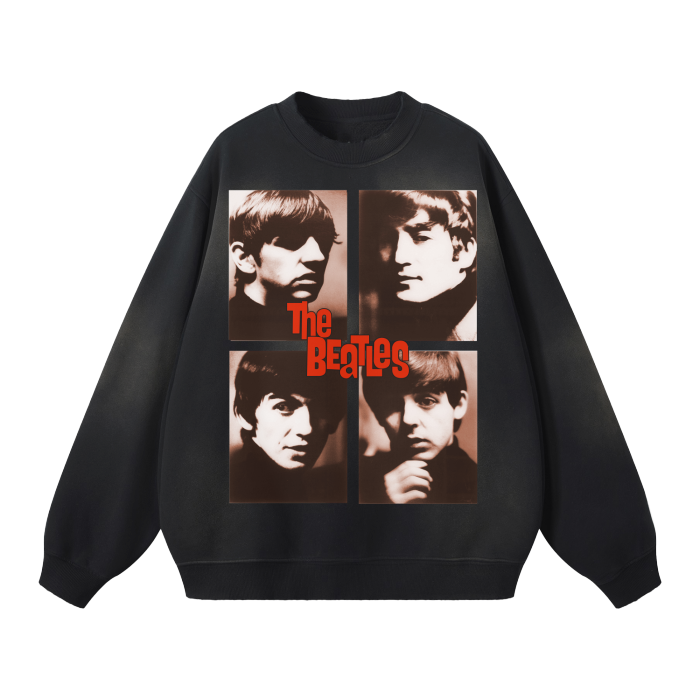 young beatles poster reproduction, the four lads pullover, the beatles sweatshirt, black monkey wash beatles sweatshirt, mineral wash sweatshirt, funky sweatshirt, 1960s beatles clothing, custom sweatshirt printing, acid wash