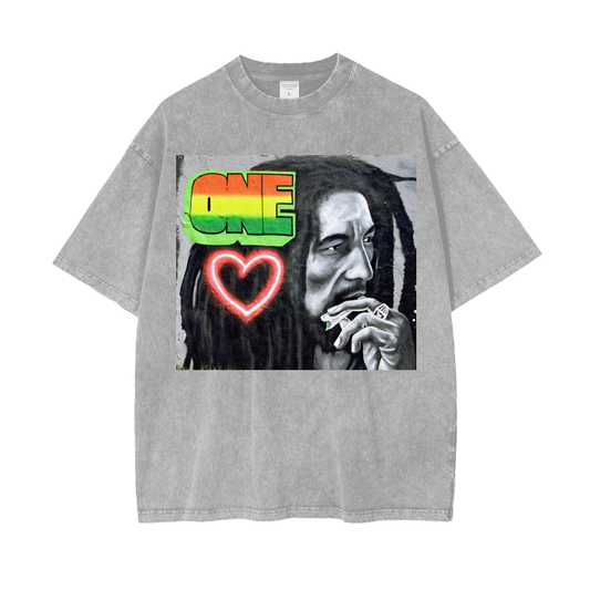 Bob Marley One Love Mural Acid Wash Oversized T-Shirt. Reggae Music Tee in Grey.