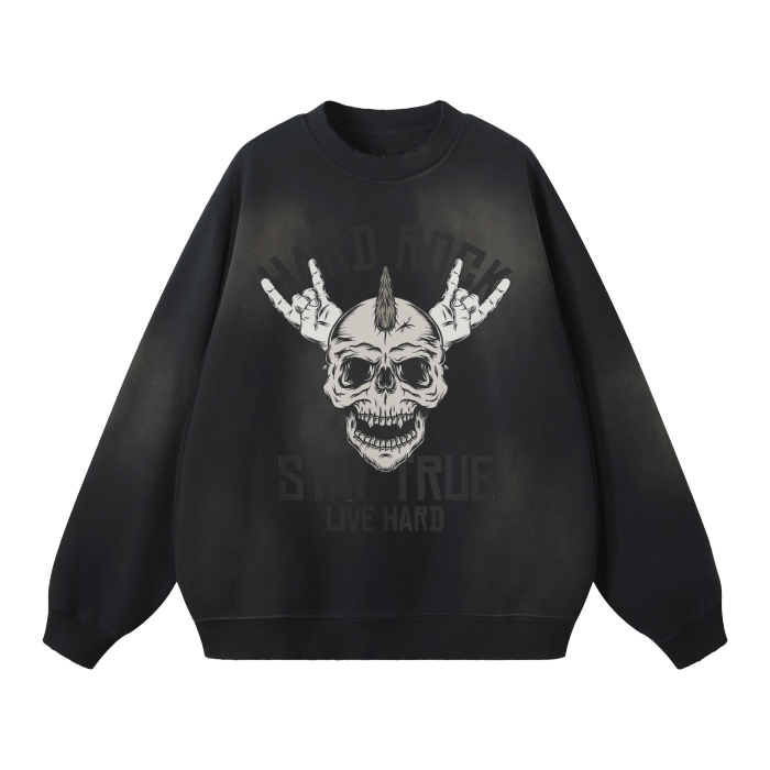 Rock and Roll Forever. Mohawk Skull Sweatshirt. Streetwear Unisex Monkey Washed Dyed Fleece Pullover.