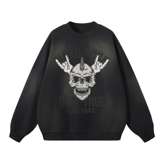 Rock and Roll Forever. Mohawk Skull Sweatshirt. Streetwear Unisex Monkey Washed Dyed Fleece Pullover.