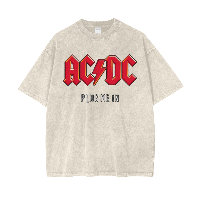 AC/DC Rock Music Acid Wash Oversized T-Shirt. Metal Music ACDC Plug Me In.