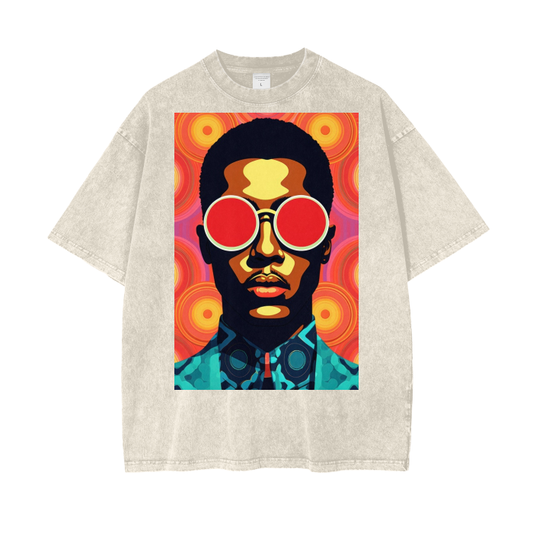 Funky Stevie Wonder Art Acid Wash Oversized T-Shirt. African American Artwork Tee.