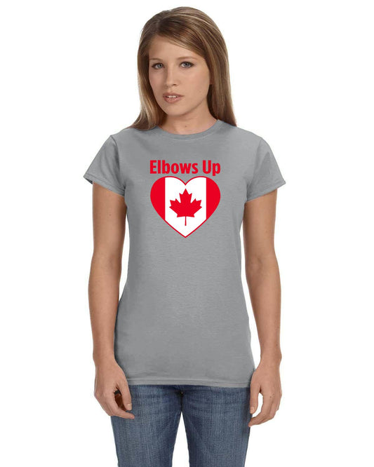 Elbows Up Canada Women's Heart T-Shirt. Canadian Business Tshirts. Proud Canadian.