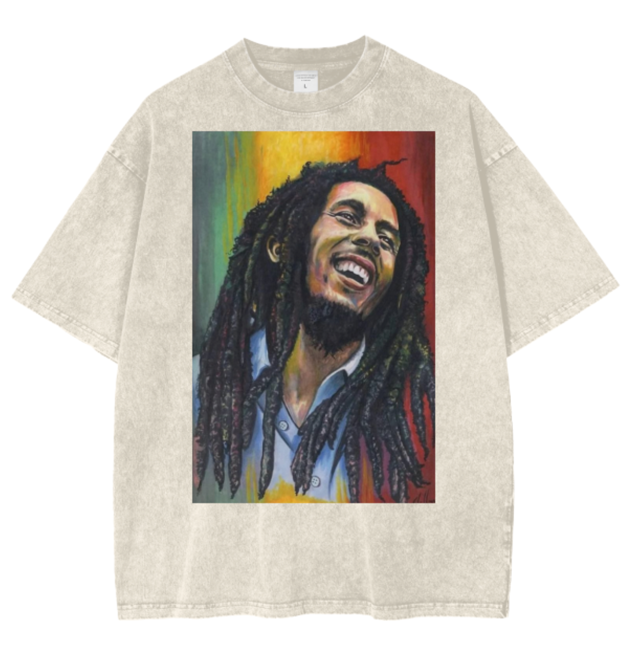 Bob Marley Acid Wash Oversize T-Shirt. Reggae Music Tee. Jamaica Colors. Long Dreads.