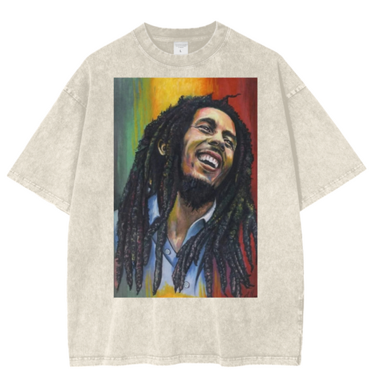 Bob Marley Acid Wash Oversize T-Shirt. Reggae Music Tee. Jamaica Colors. Long Dreads.