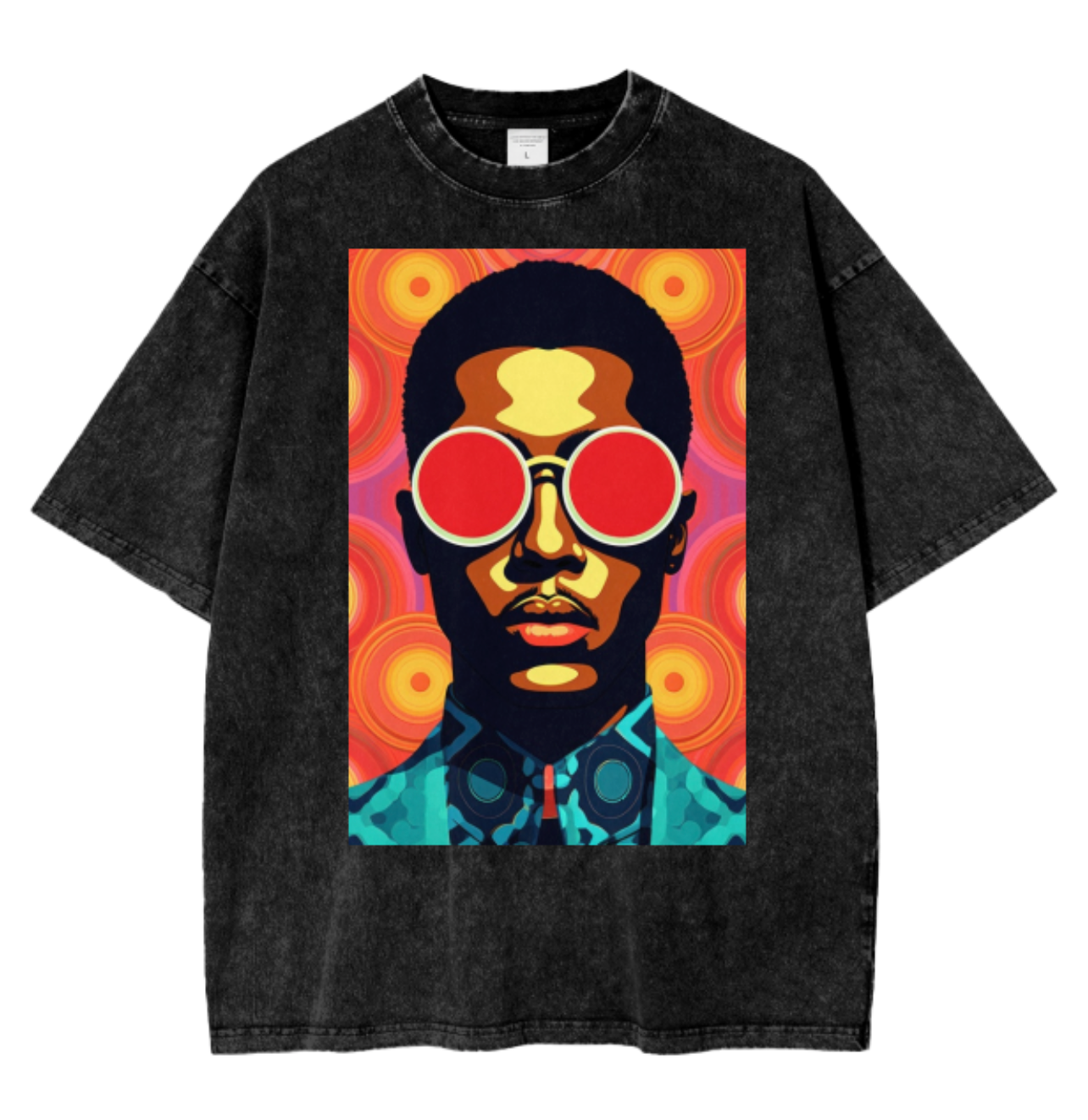 Funky Stevie Wonder Art Acid Wash Oversize T-Shirt. African American Artwork Tee in Black.