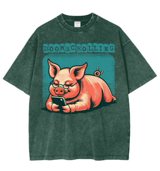 Pig Scrolling on Mobile Device Acid Wash Oversized T-Shirt. Geek Tee.