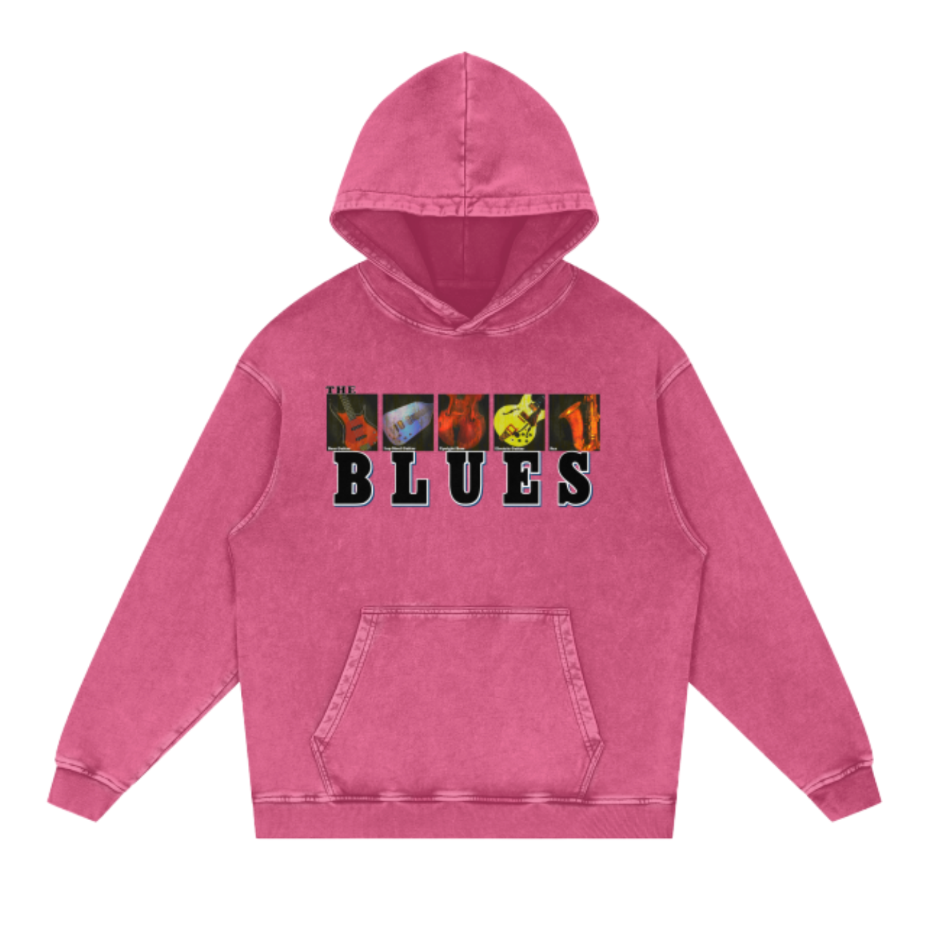 The Blues Music Acid Wash Oversize Hoodie. Musical Instruments Sweatshirt with Pockets.