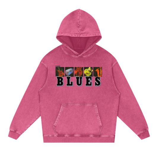 The Blues Music Acid Wash Oversize Hoodie. Musical Instruments Sweatshirt with Pockets.