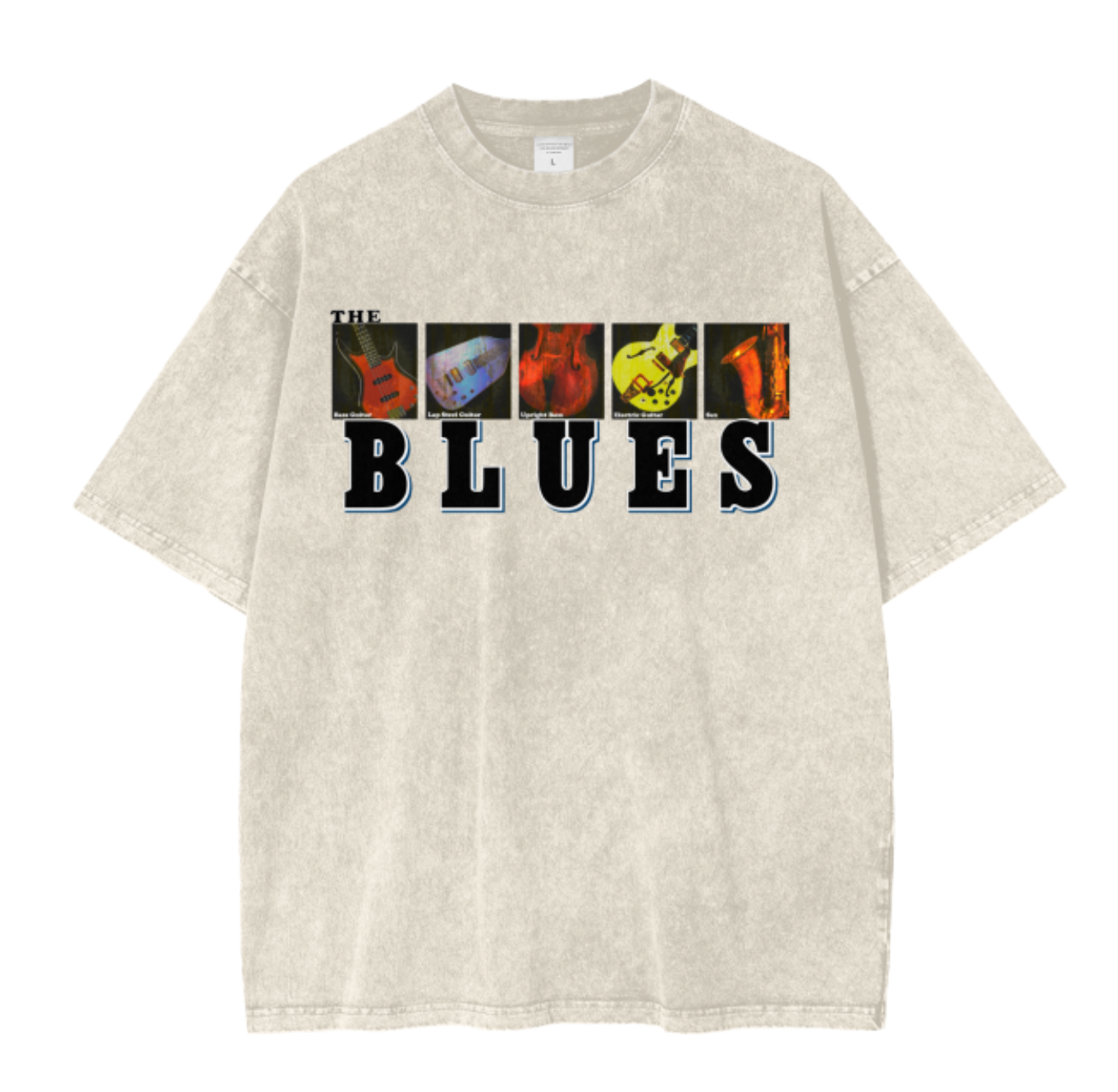 The Blues Music Acid Wash Oversized T-Shirt. Musical Instruments Tee. Classic Blues Rock.