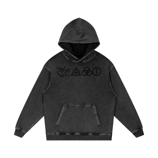 Black Led Zeppelin ZOSO Logo Streetwear Unisex Monkey Washed Dyed Fleece Hoodie.