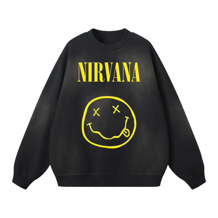 Nirvana Smiley Face Logo. Yellow Happy Face Streetwear Unisex Monkey Washed Dyed Fleece Pullover Sweatshirt.